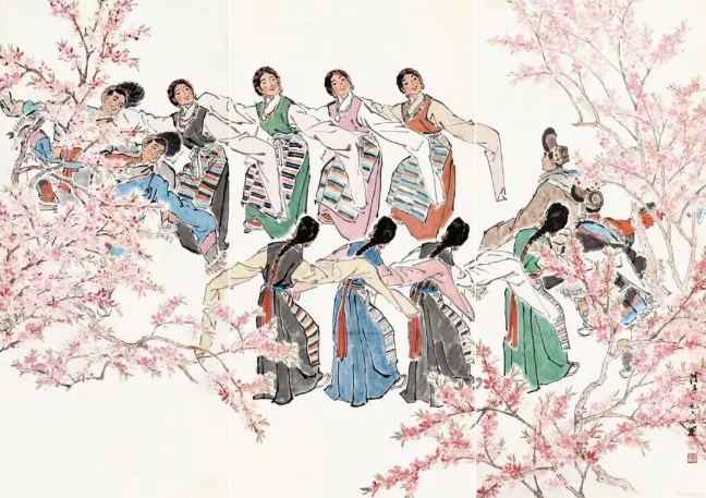 葉淺予高原之春紙本設(shè)色211cm×98cm、211cm×105cm、211cm×98cm1964年